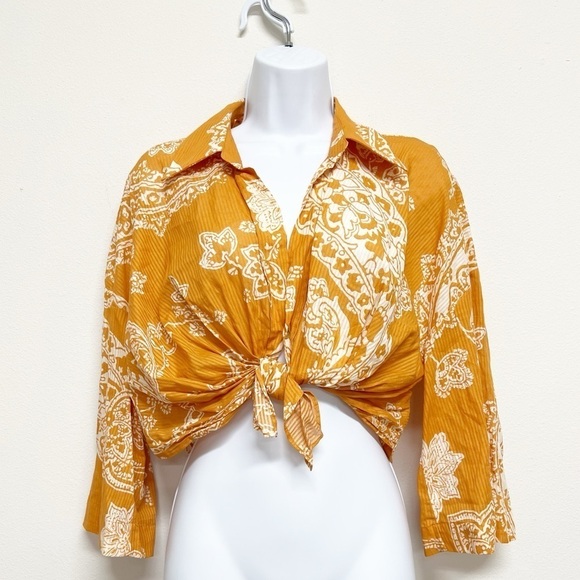 Zara Womens Orange Paisley Print Knotted Crop Top Button Up Blouse Size S - Picture 3 of 8